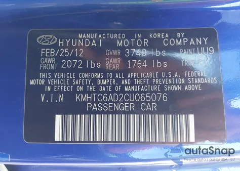 2012 Hyundai Veloster Base W/Gray from USA, damaged, VIN KMHTC6AD2CU065076